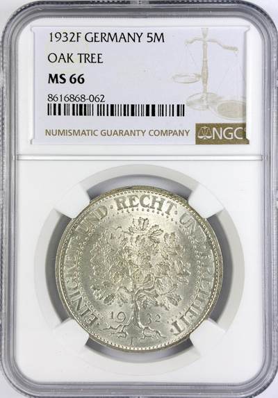 【雨安】【直播拍卖】【世界币章117期-评级币】2025-11-29 周六 19:30 保真 - [评级德国] Germany 德国 魏玛 5马克 KM#56 橡树 1932年F  NGC-MS66 难得的高分
