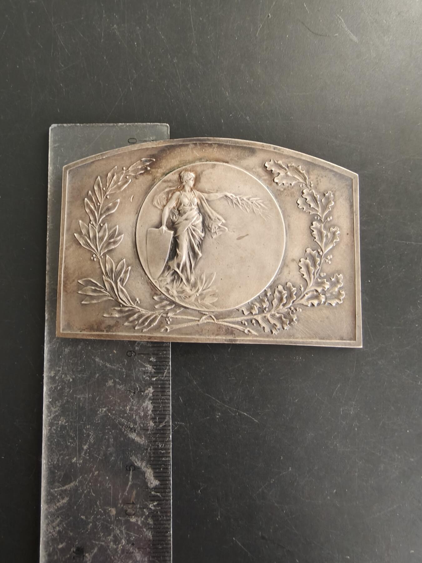 老王徽章第166期 法国新艺术玛丽安娜方形镀银大铜章     原盒     尺寸80×58mm.    重量106.2g