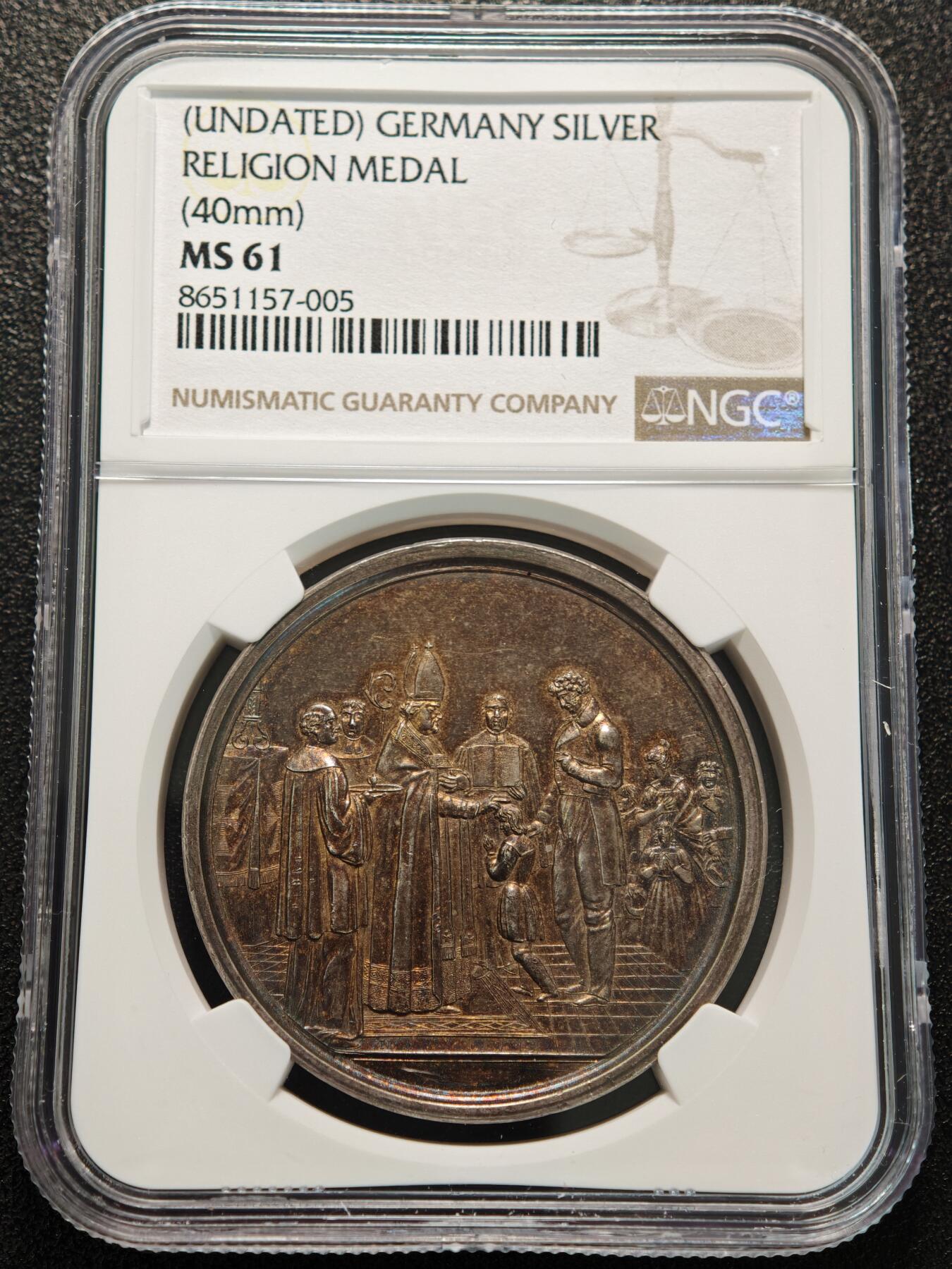 【德藏】世界币章拍卖第155期（拍品征集中~欢迎藏友联系） 19世纪 德国宗教洗礼纪念银章 NGC MS61 深彩包浆 细节细腻