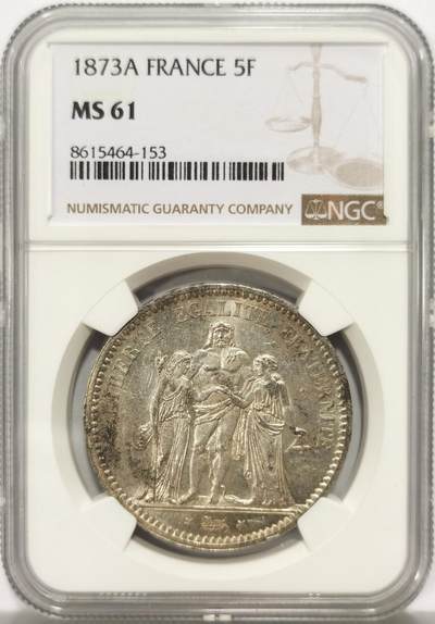 博洋堂世界钱币拍卖第149期（全场包邮） - NGC MS61 法国1873A大力神银币，底板带镜面感，状态不错的一枚