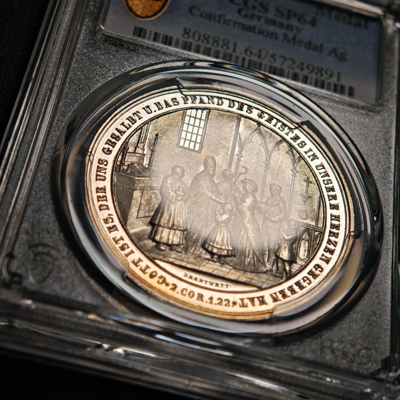 【德藏】世界币章拍卖第155期（拍品征集中~欢迎藏友联系） 1850年 德国宗教洗礼纪念银章 PCGS SP64 镜面感十足 细节极其丰富 唯一季军分 仅2枚更高