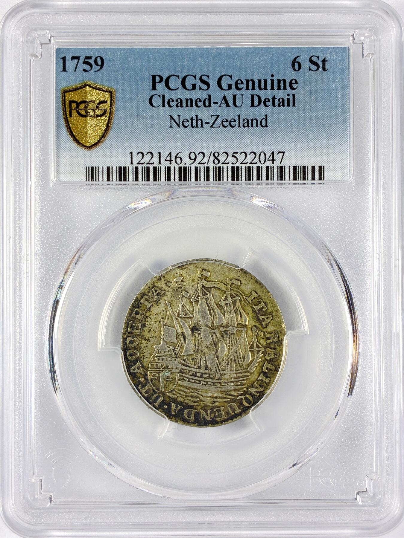 【雨安】【直播拍卖】【世界币章117期-评级币】2025-11-29 周六 19:30 保真 [评级欧洲] Netherlands 荷兰 共和国 泽兰省 6Stuiver 帆船 1759年  PCGS-AU
