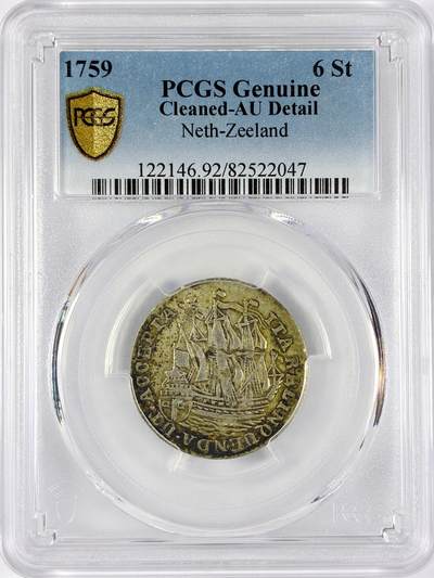 【雨安】【直播拍卖】【世界币章117期-评级币】2025-11-29 周六 19:30 保真 - [评级欧洲] Netherlands 荷兰 共和国 泽兰省 6Stuiver 帆船 1759年  PCGS-AU