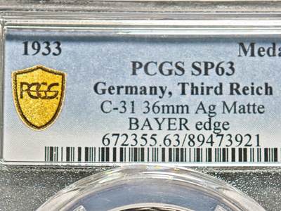 【德藏】世界币章拍卖第155期（拍品征集中~欢迎藏友联系） - 1933年 德国民族社会主义工人党任命纪念银章 名家卡尔·歌茨作品 PCGS SP63 亚军分 仅3枚更高（原图请查询PCGS评级官网）