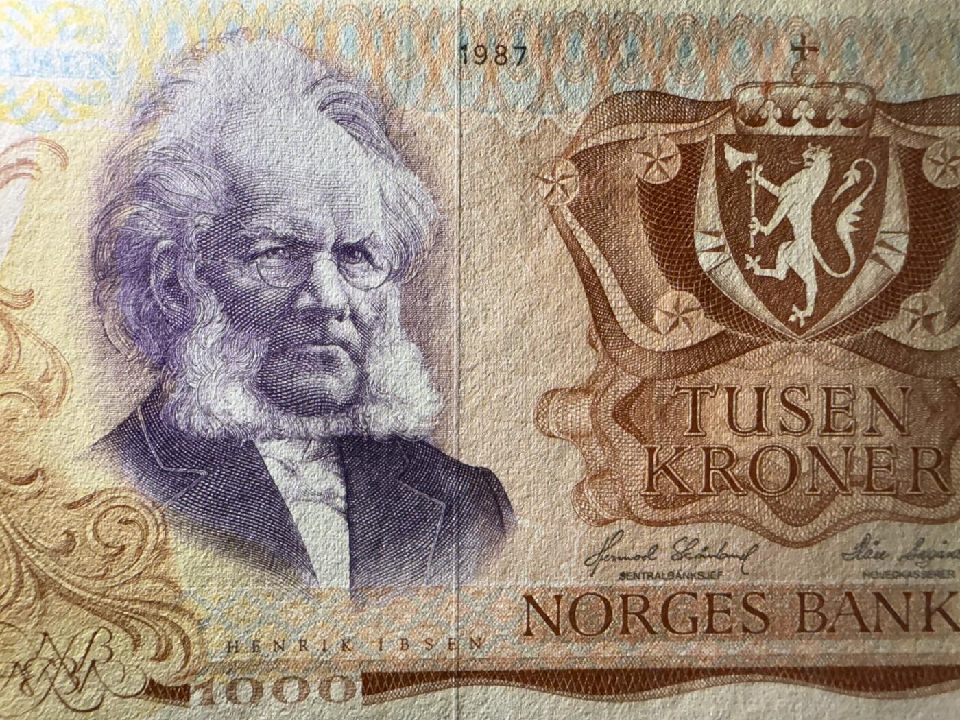 《艾美收藏》第222期-11.30周日外币畅拍 挪威1000克朗 UNC- 1987年 挪威剧作家易卜生 票面有些轻微泛黄