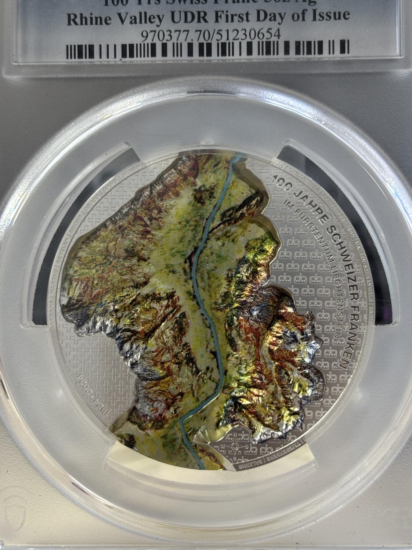 第183期拍卖 列支敦士登2024年莱茵河谷100年瑞士法郎5盎司纪念银币PCGS-SP70无盒无证书，9999银，发行500枚