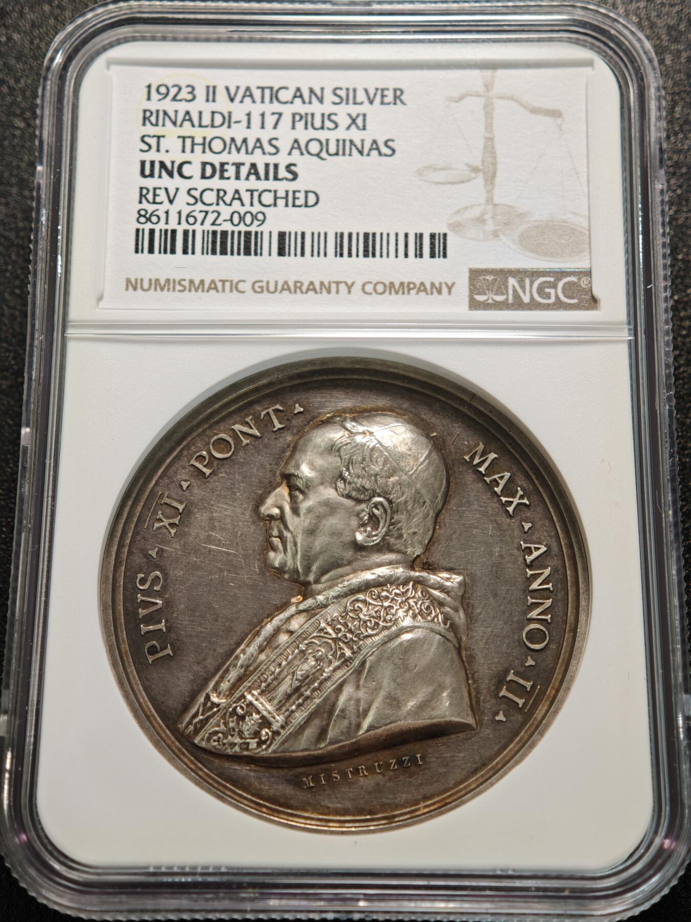 【德藏】世界币章拍卖第155期（拍品征集中~欢迎藏友联系） 1923年 梵蒂冈庇护十一世圣托马斯·阿奎那封圣高浮雕纪念银章 NGC UNC 人物刻画极其细致 立体感十足