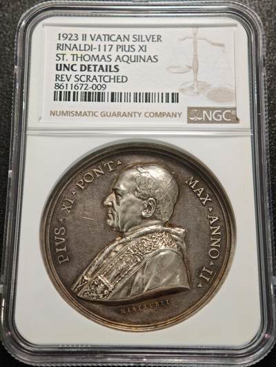 【德藏】世界币章拍卖第155期（拍品征集中~欢迎藏友联系） - 1923年 梵蒂冈庇护十一世圣托马斯·阿奎那封圣高浮雕纪念银章 NGC UNC 人物刻画极其细致 立体感十足