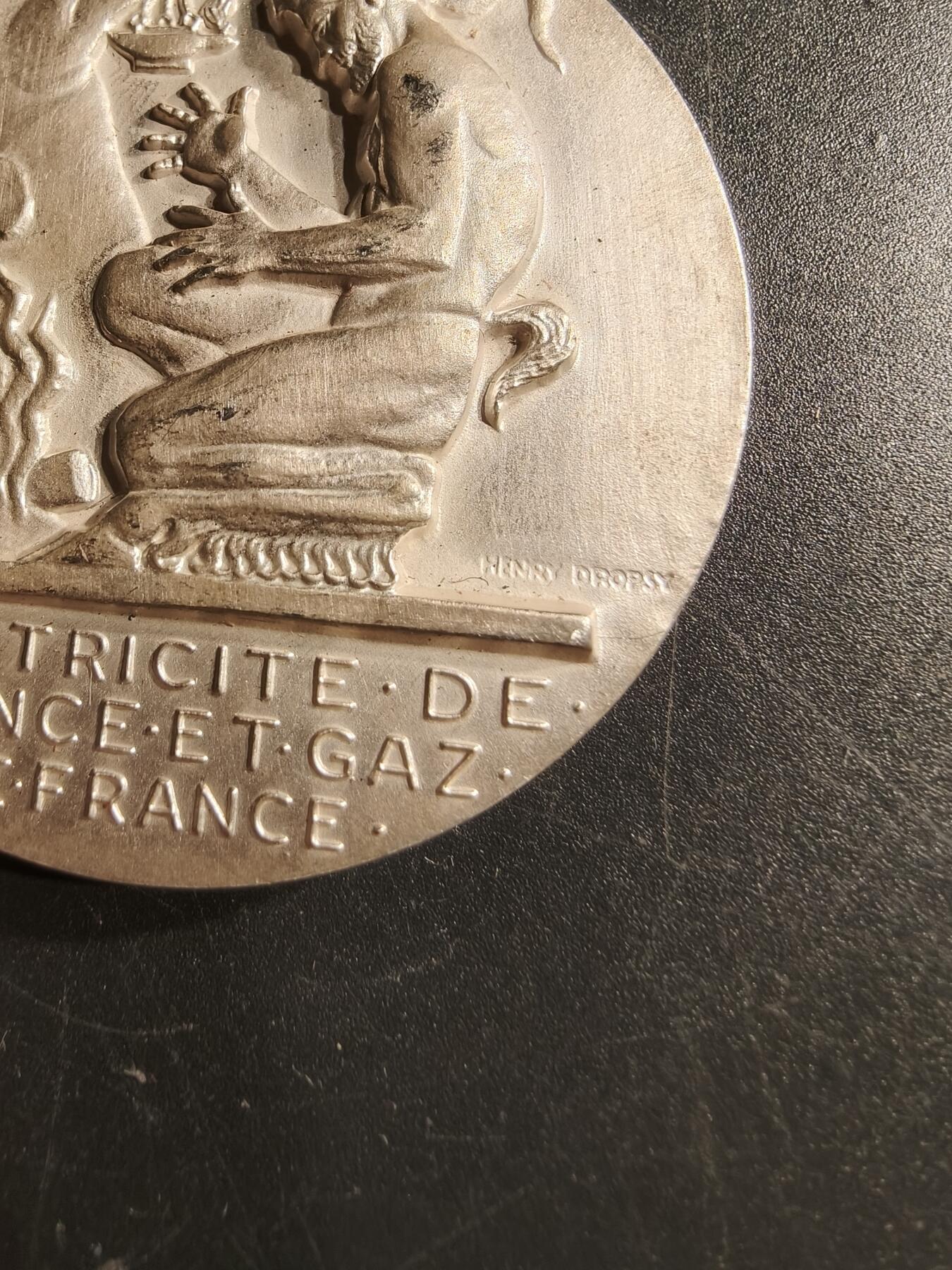 老王徽章第166期 法国电气公司镀银大铜章    大师Dropsy作品     直径54mm.    重量71.4g