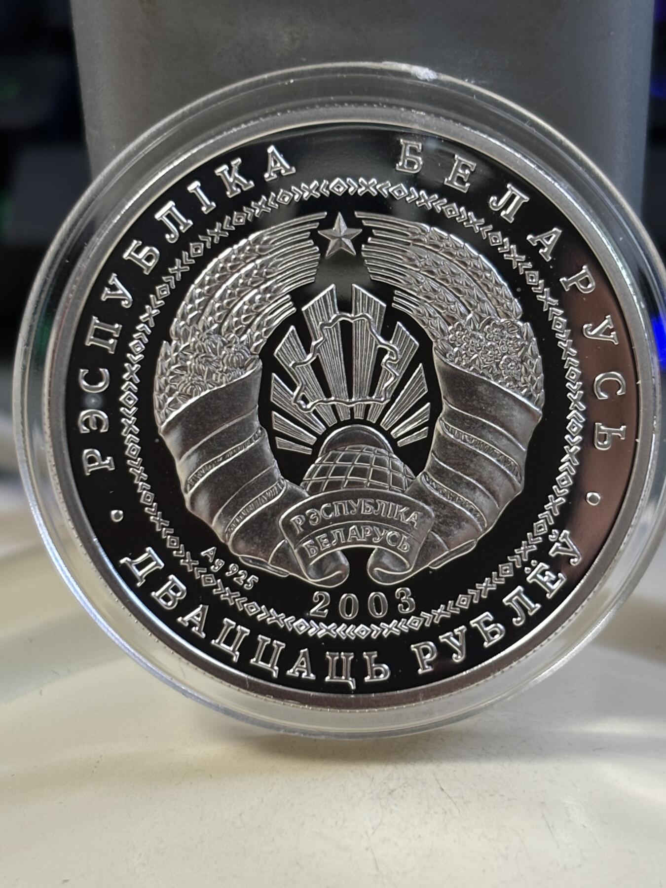 第183期拍卖 获奖白俄罗斯2003年疣鼻白天鹅纪念银币，本币荣获2005年克劳斯世界硬币大赛“最佳克朗币”大奖，925银，有氧化