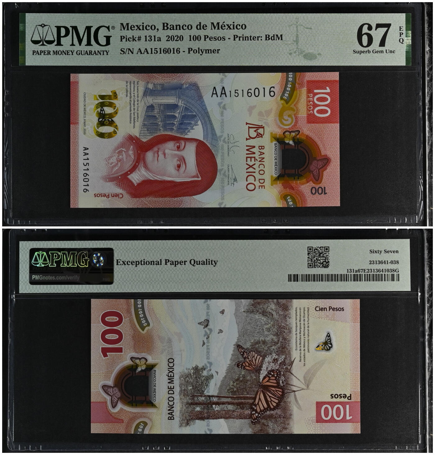 《艾美收藏》第222期-11.30周日外币畅拍 (5张全部签名大全套)墨西哥2020年首发AA冠100比索PMG67E 获奖钞 凑齐不易 一步到位