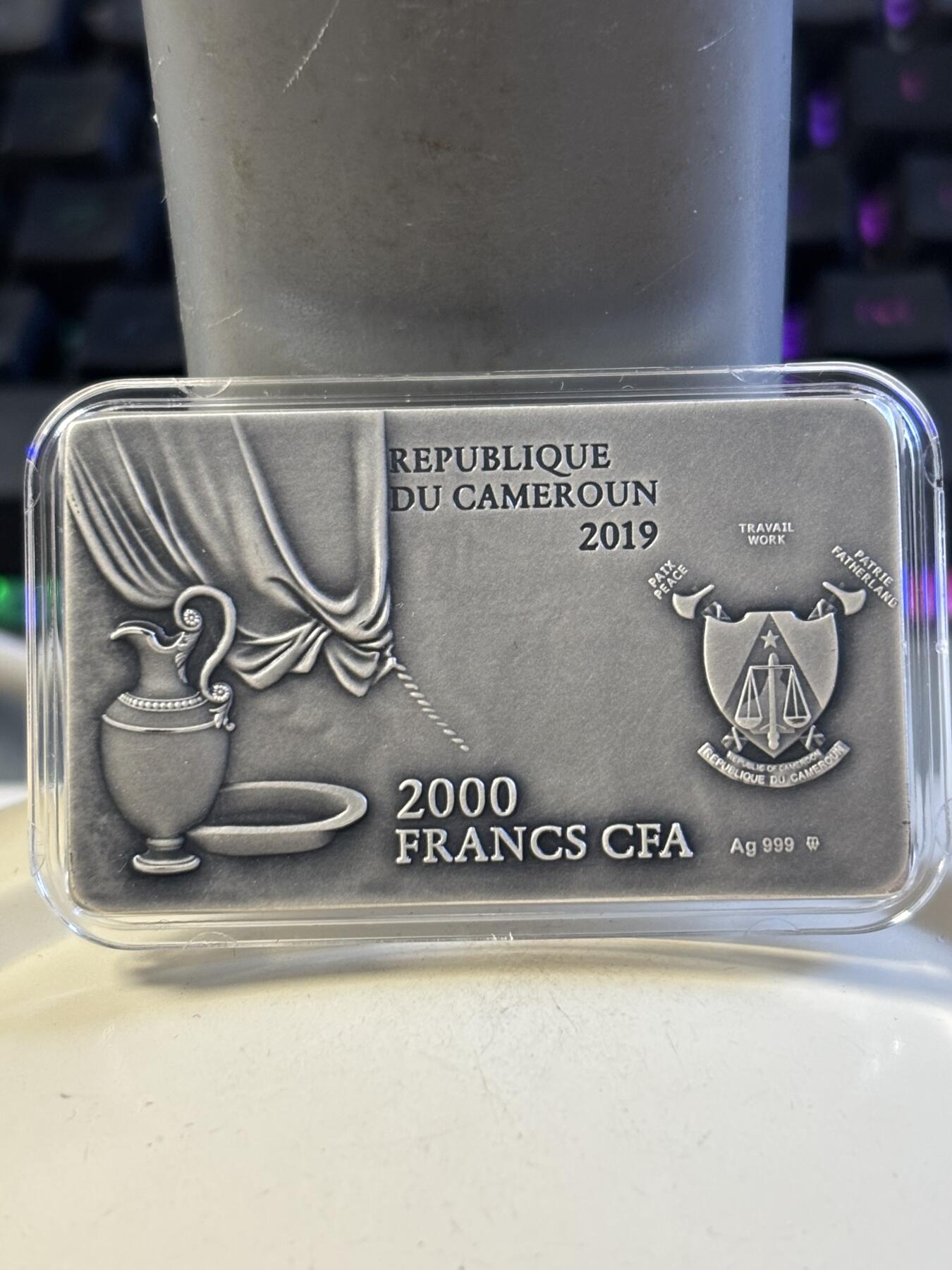 第183期拍卖 喀麦隆2019年最后的晚餐高浮雕2盎司矩形纪念银币，2盎司，发行999枚，有一个点有氧化
