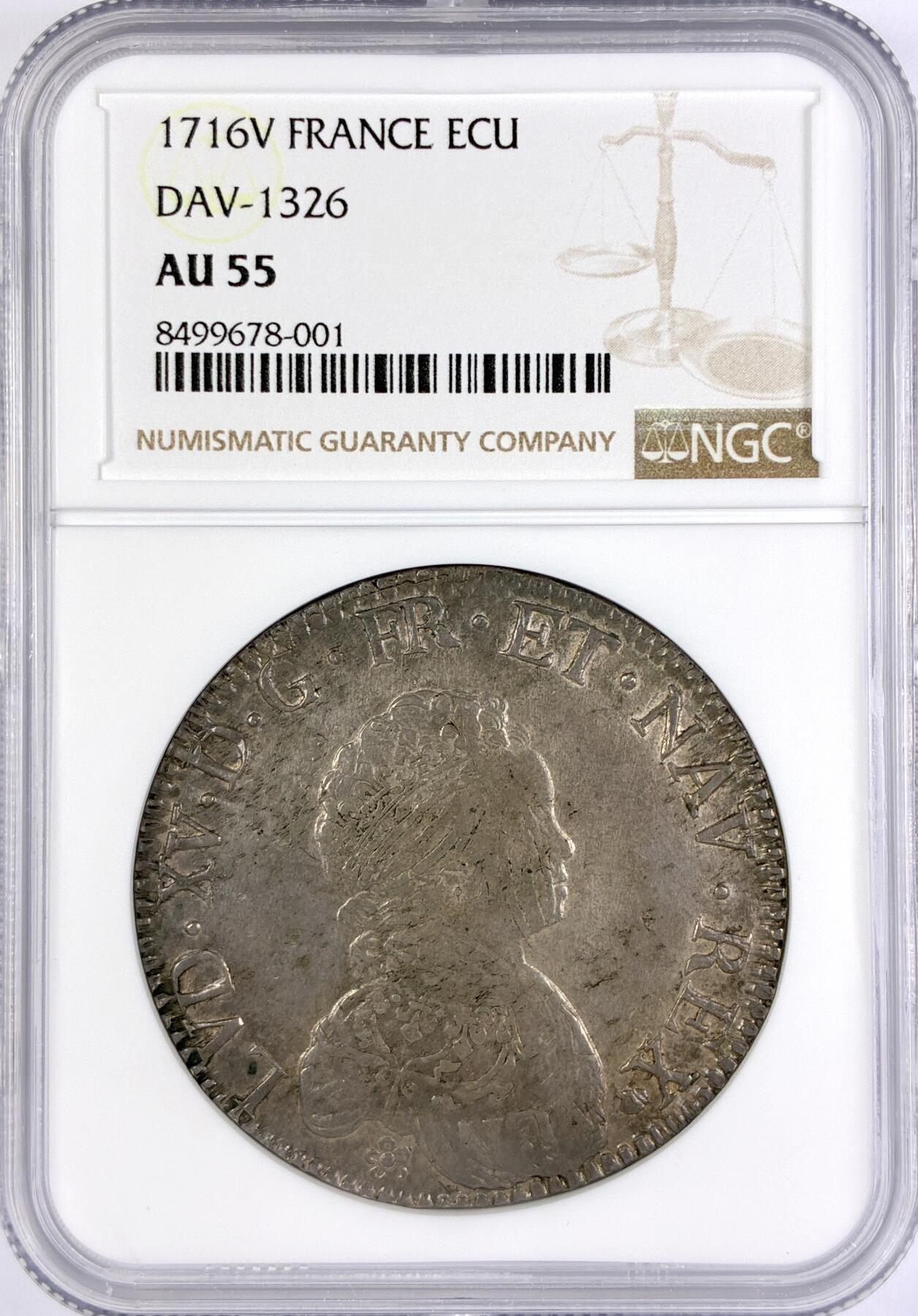 【雨安】【直播拍卖】【世界币章117期-评级币】2025-11-29 周六 19:30 保真 [评级法国] France 法国 1埃居 KM#0414 (1715-1718) 路易十五 儿童版小头像 1716年V  NGC-AU55 原味均匀老包浆 稀少厂别