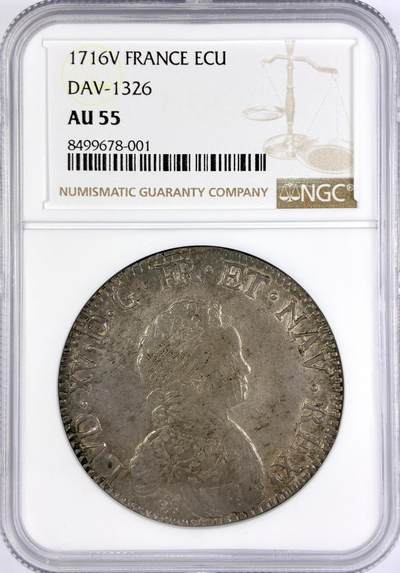 【雨安】【直播拍卖】【世界币章117期-评级币】2025-11-29 周六 19:30 保真 - [评级法国] France 法国 1埃居 KM#0414 (1715-1718) 路易十五 儿童版小头像 1716年V  NGC-AU55 原味均匀老包浆 稀少厂别