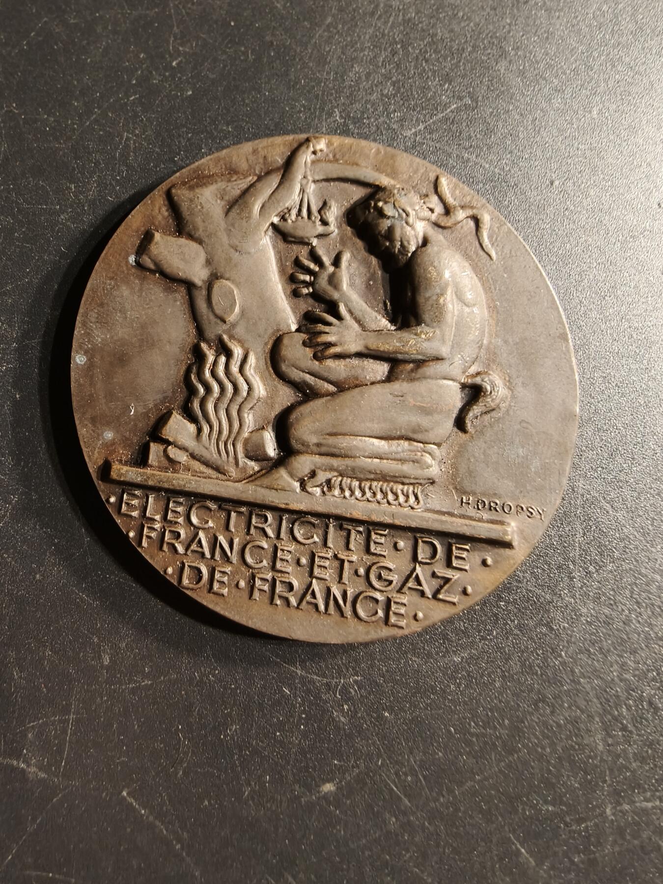 老王徽章第166期 法国电气公司大铜章    大师Dropsy作品     直径54mm.    重量70.6g