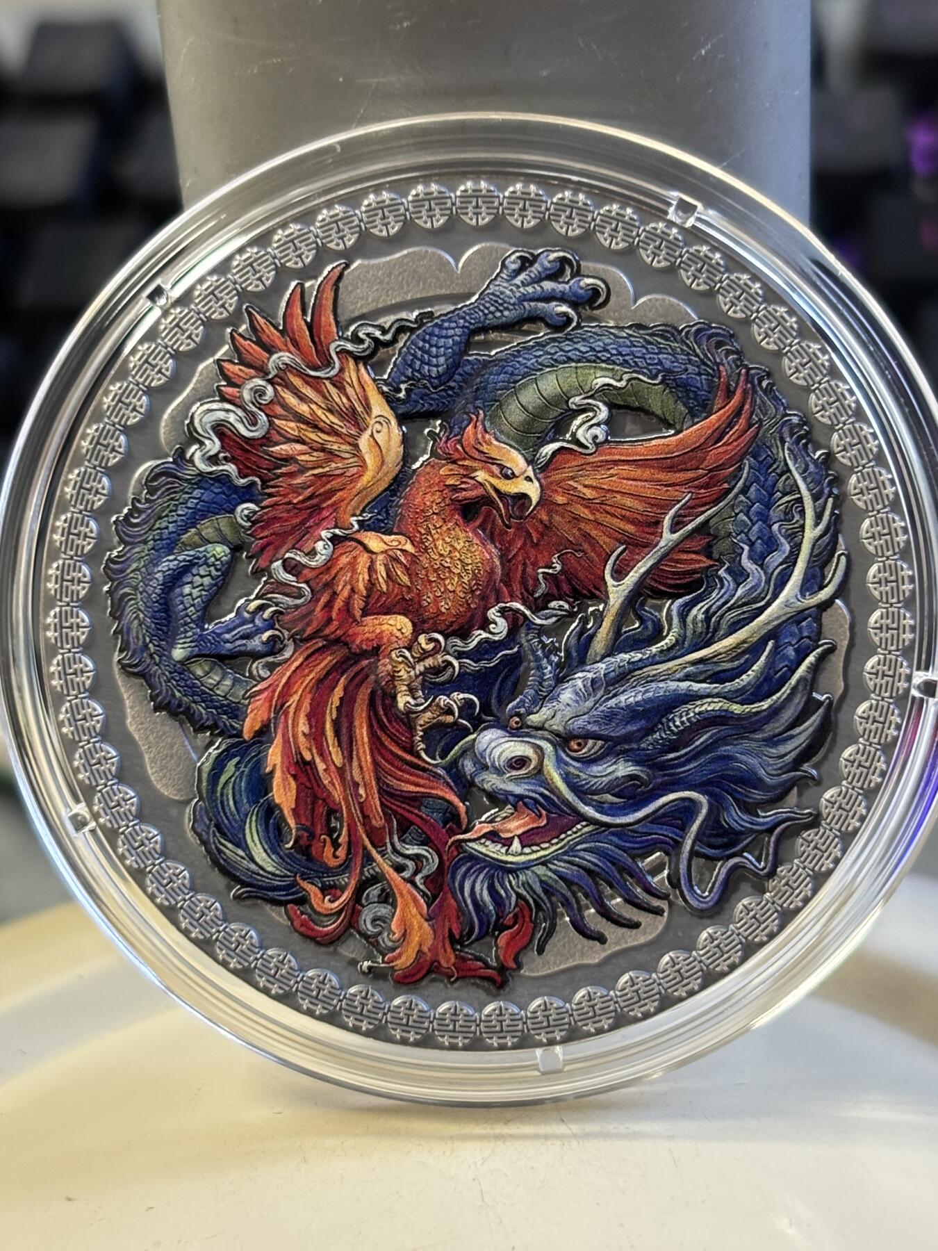 第183期拍卖 加纳2021年中国文化龙凤仿古彩色50克纪念银币，999银，发行888枚