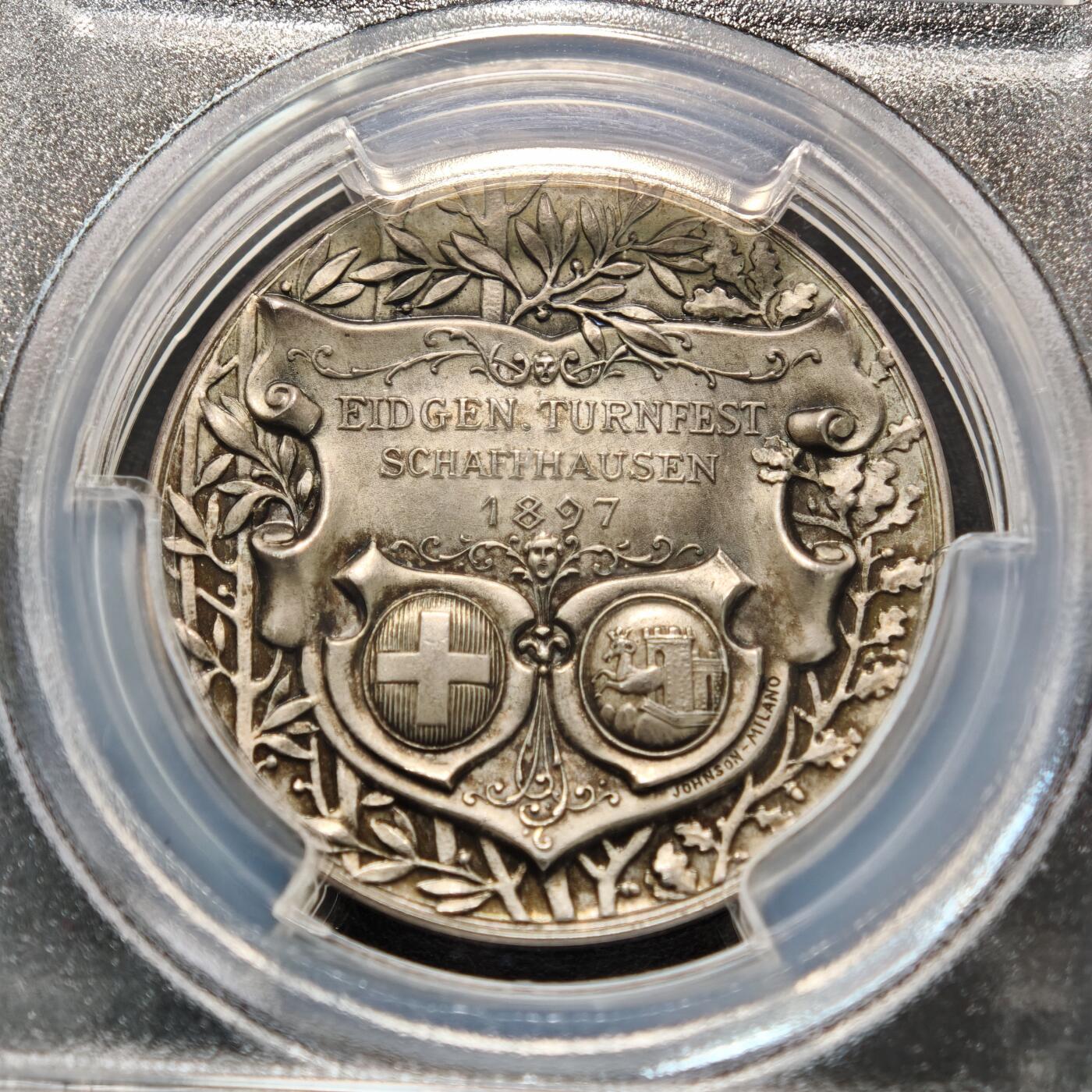 【德藏】世界币章拍卖第155期（拍品征集中~欢迎藏友联系） 冠军分！1897年 瑞士沙夫豪森体操节纪念银章 PCGS SP65 淡黄油包浆 立体感十足 唯2冠军分