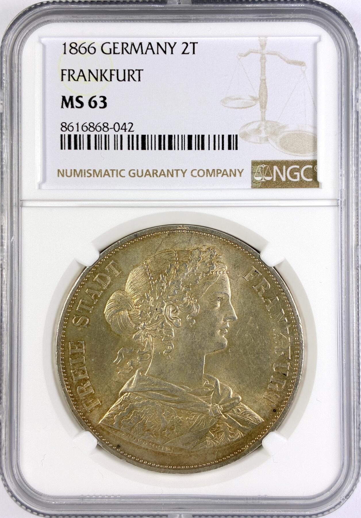 【雨安】【直播拍卖】【世界币章117期-评级币】2025-11-29 周六 19:30 保真 [评级德国] Germany 德国 德意志 2泰勒 Frankfurt法兰克福 Thun.145 KM#0365 (1860-1866) 法兰克福少女 1866年  NGC-MS63