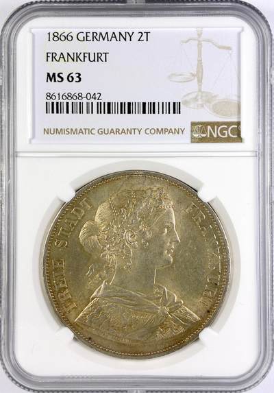 【雨安】【直播拍卖】【世界币章117期-评级币】2025-11-29 周六 19:30 保真 - [评级德国] Germany 德国 德意志 2泰勒 Frankfurt法兰克福 Thun.145 KM#0365 (1860-1866) 法兰克福少女 1866年  NGC-MS63