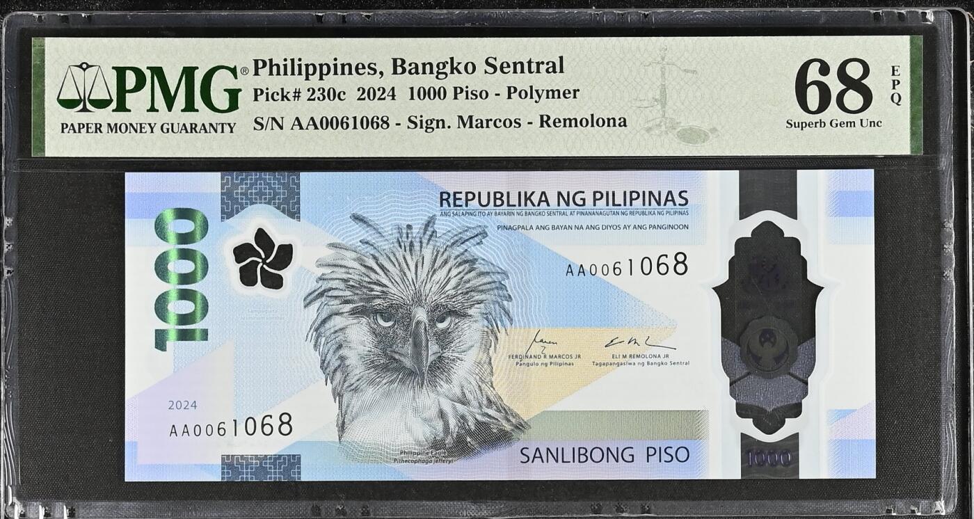 《艾美收藏》第222期-11.30周日外币畅拍 菲律宾2024年AA冠100比索PMG68E亚军分倒置号尾68，菲律宾鹰 冠军69分仅6张