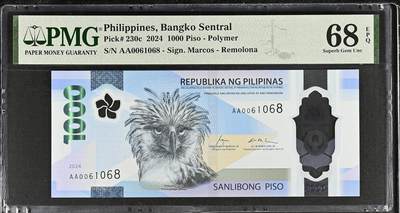 《艾美收藏》第222期-11.30周日外币畅拍 - 菲律宾2024年AA冠100比索PMG68E亚军分倒置号尾68，菲律宾鹰 冠军69分仅6张