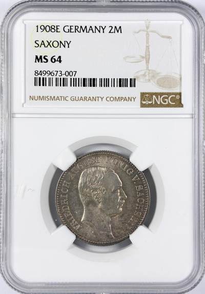 【雨安】【直播拍卖】【世界币章117期-评级币】2025-11-29 周六 19:30 保真 - [评级德国] Germany 德国 帝国 萨克森 2马克 奥古斯特三世 1908年  NGC-MS64