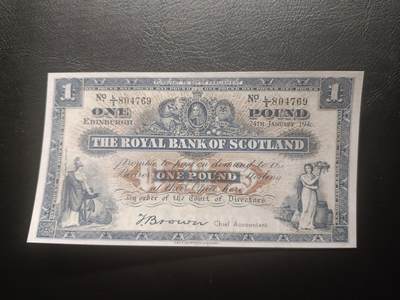 2025十一月第七期，总205期 - 苏格兰皇家银行1946年AUNC首冠L/1，不列颠女神和拿花女神/爱丁堡和格拉斯哥的分行，早期少见蓝色墨版本