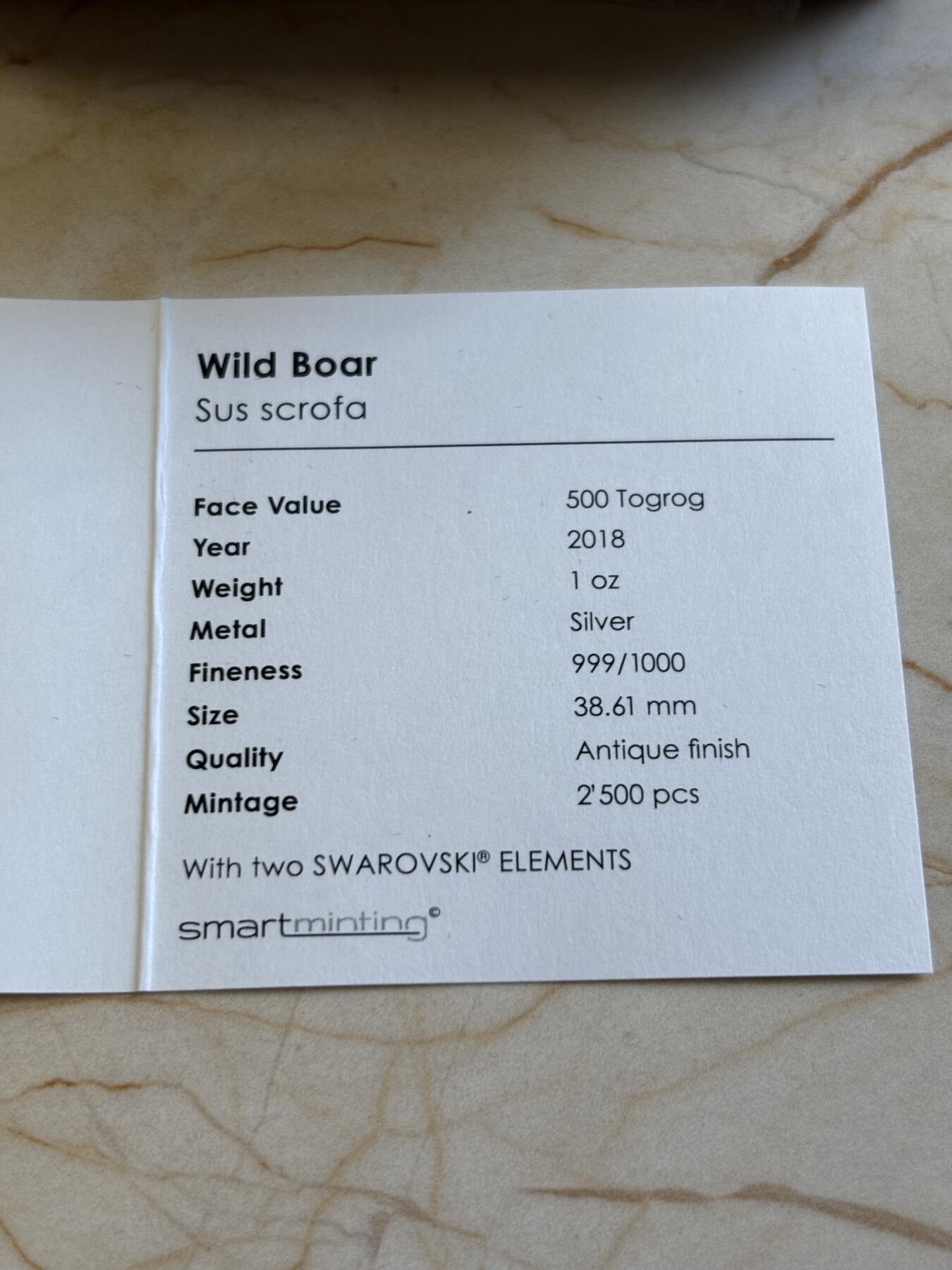 第183期拍卖 蒙古2018年珍稀动物系列野猪镶嵌水晶仿古纪念银币，1盎司，发行2500枚，999银