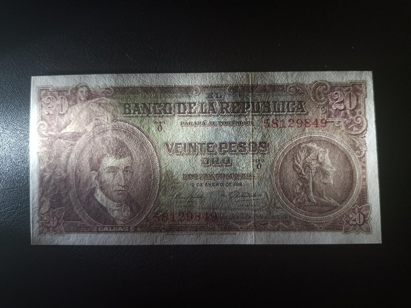 2025十一月第七期，总205期 哥伦比亚1961年20比索AUNC，加尔达斯和央行大楼，早期品种