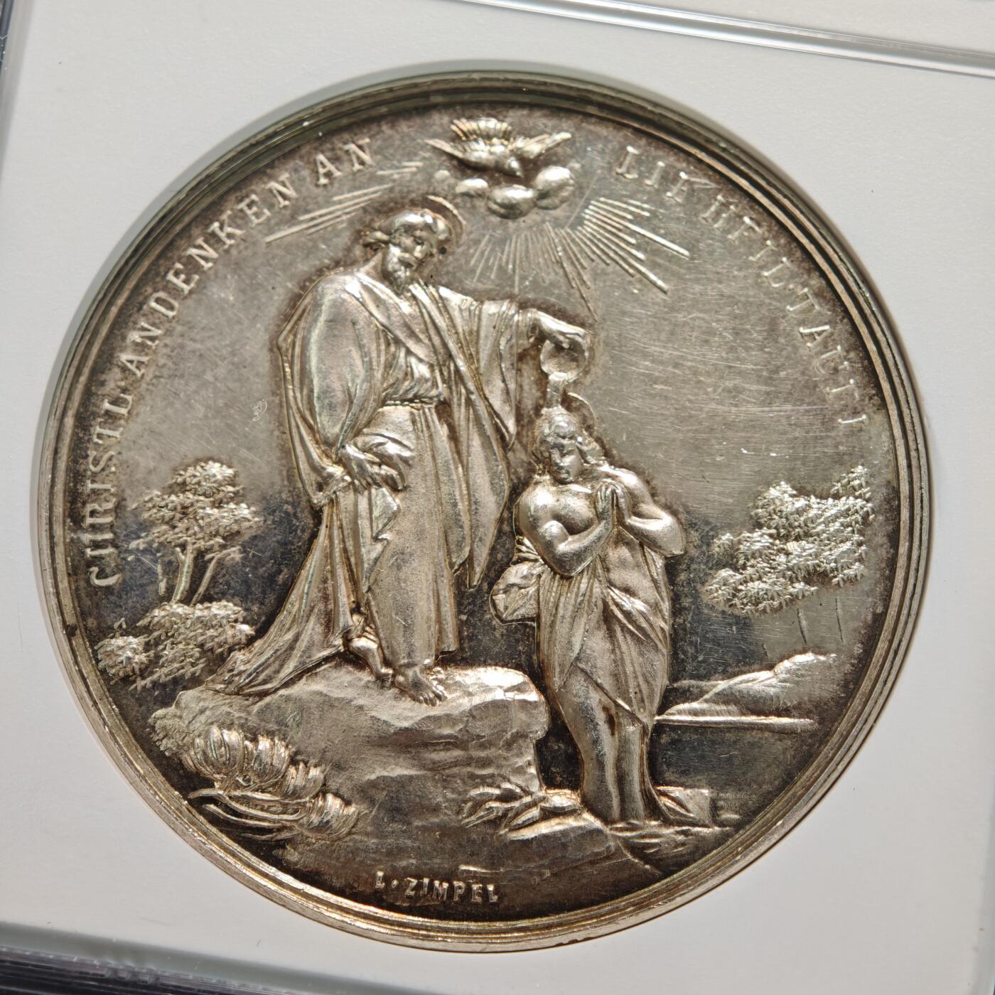 【德藏】世界币章拍卖第155期（拍品征集中~欢迎藏友联系） 19世纪 德国宗教洗礼高浮雕纪念银章 NGC MS62 浮雕感极强 人物刻画细致 细节极其丰富