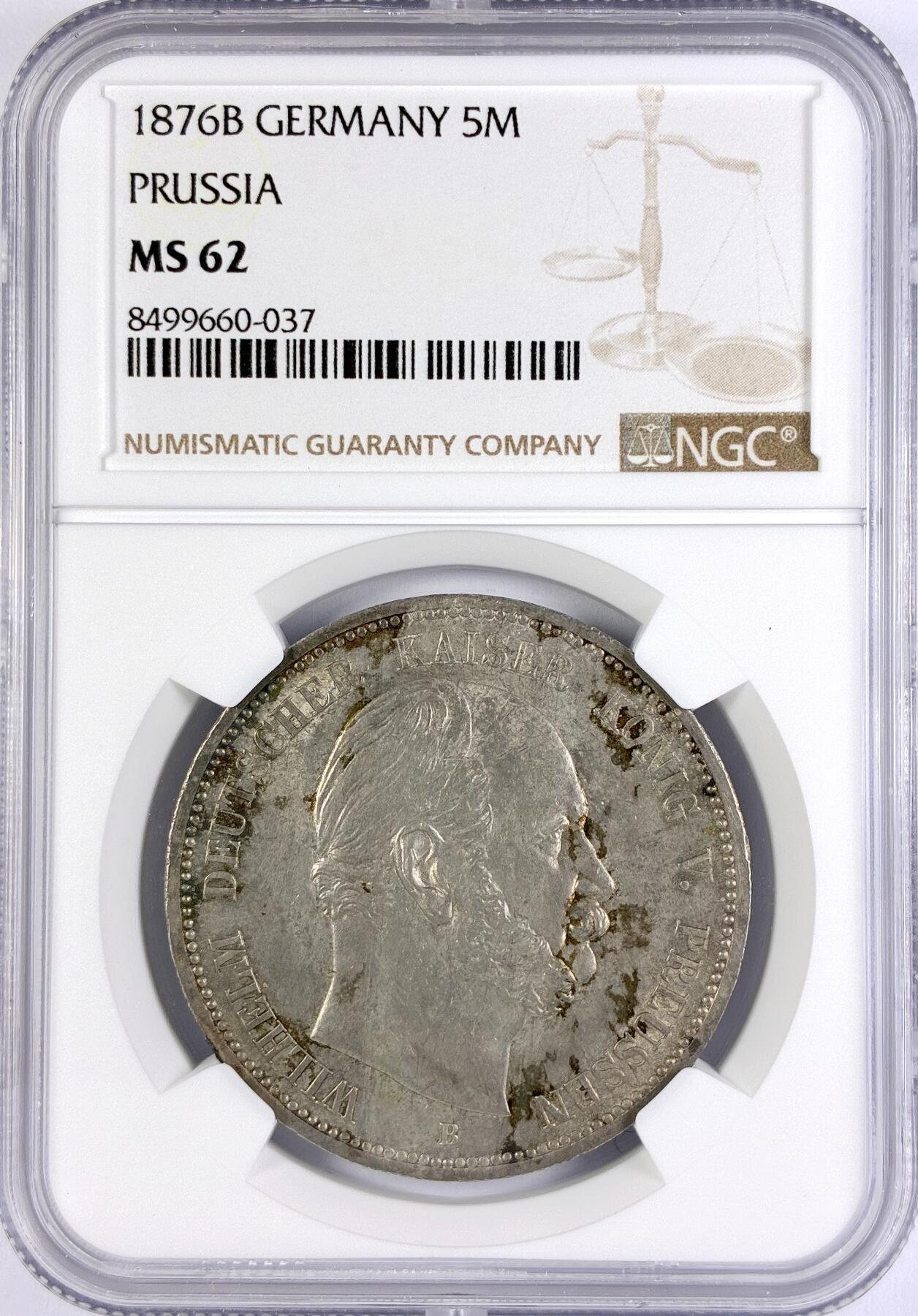 【雨安】【直播拍卖】【世界币章117期-评级币】2025-11-29 周六 19:30 保真 [评级德国] Germany 德国 帝国 J.097 普鲁士 5马克 威廉一世 1876年  NGC-MS62 难得的MS分数