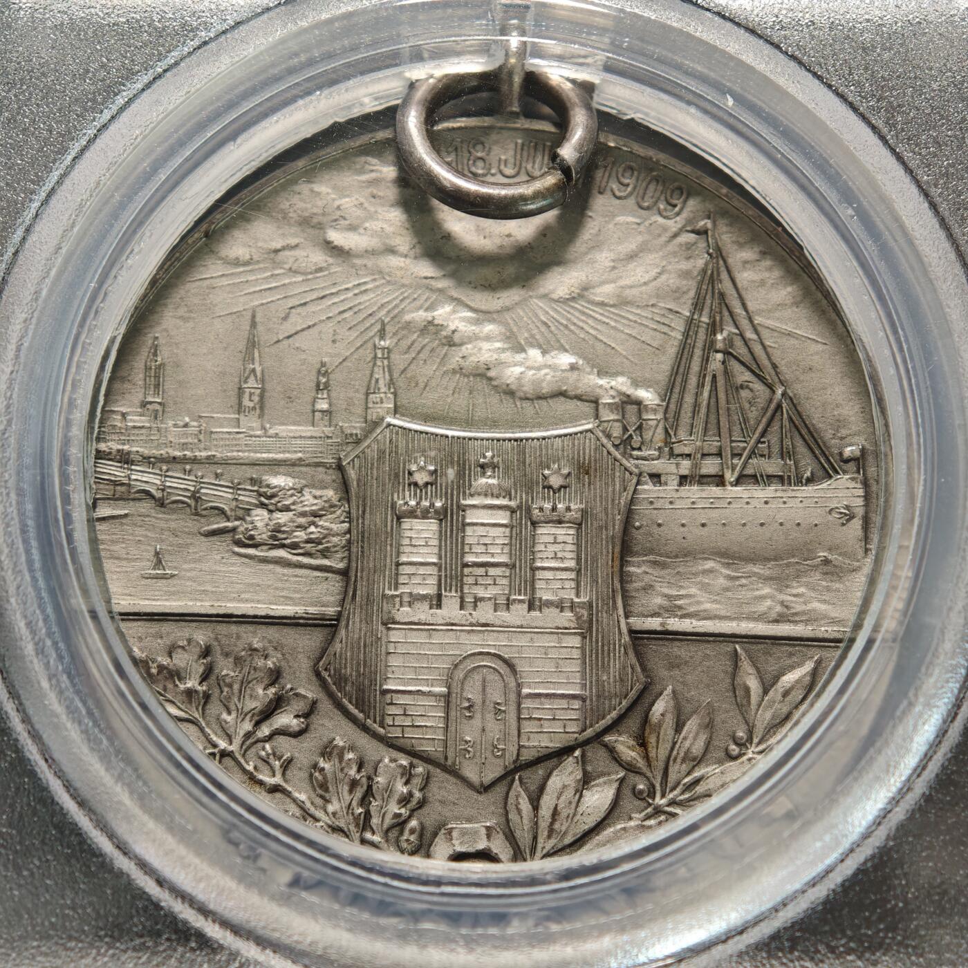 【德藏】世界币章拍卖第155期（拍品征集中~欢迎藏友联系） 1909年 德国汉堡射击节纪念银章 PCGS MS64 原铸吊环 细节极其丰富