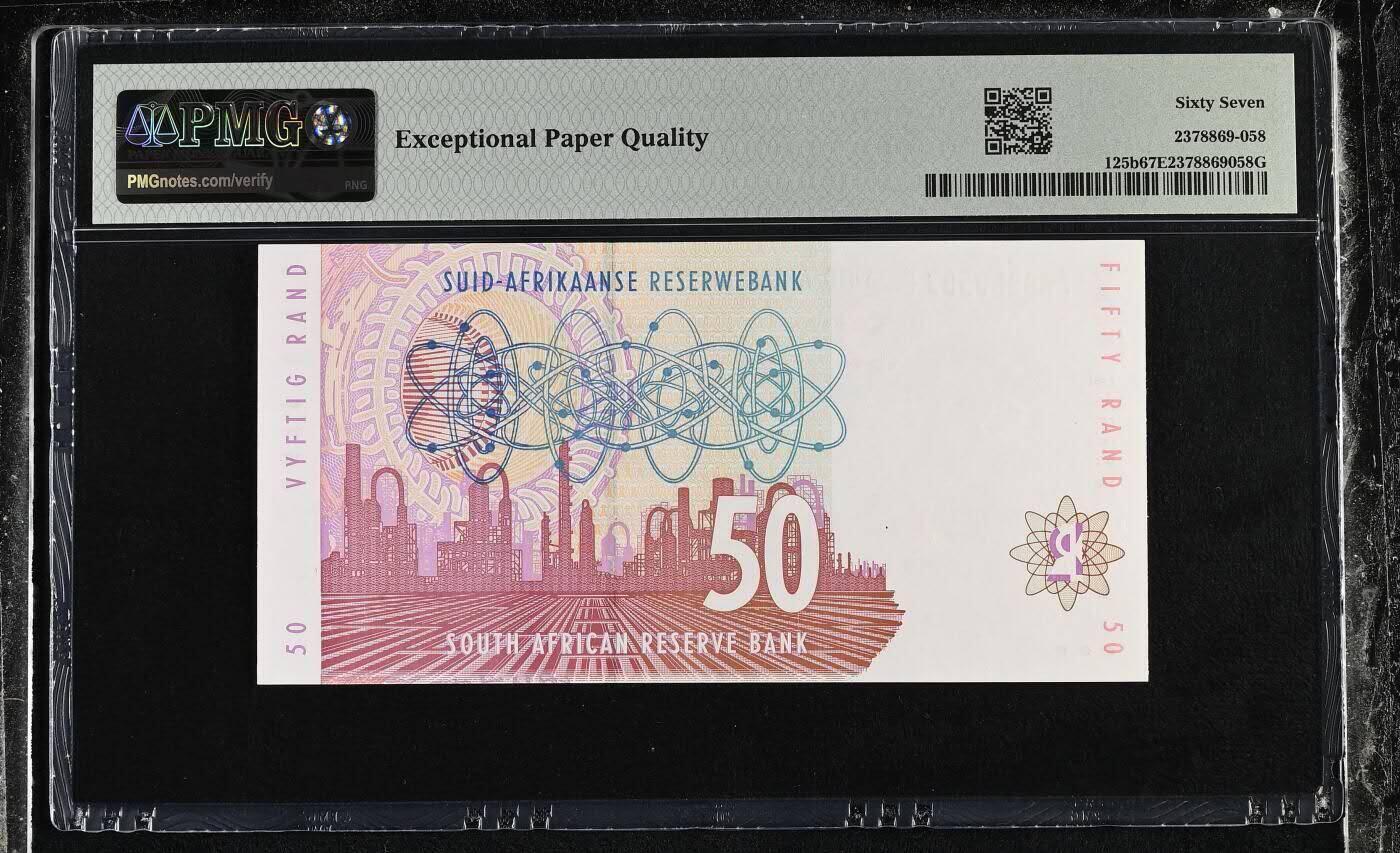 《艾美收藏》第222期-11.30周日外币畅拍 南非1992年初版首发年50兰特PMG67E亚军分少见百位583号 PMG错标版，该为Pick#125a初版红水狮子Red Water