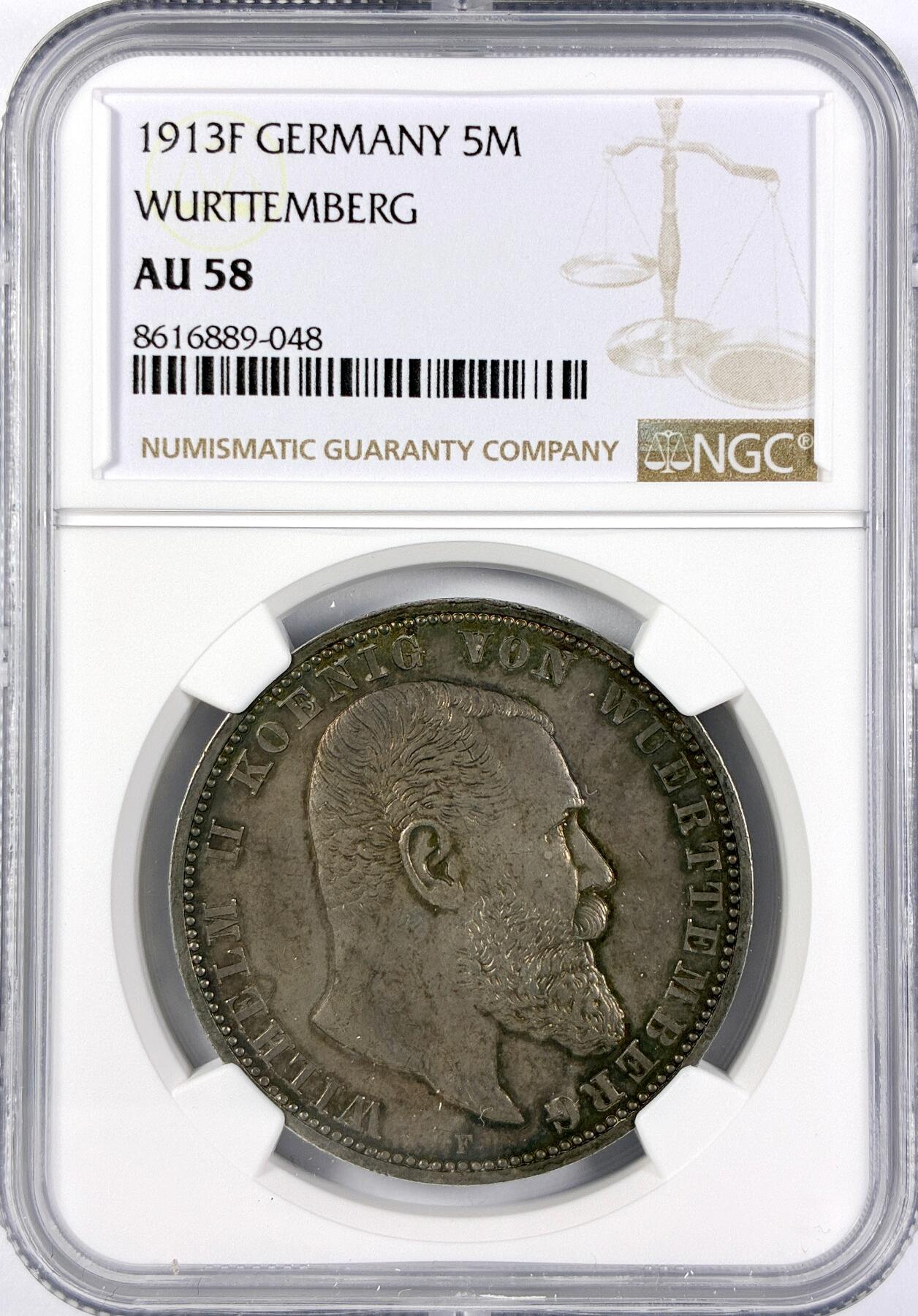 【雨安】【直播拍卖】【世界币章117期-评级币】2025-11-29 周六 19:30 保真 [评级德国] Germany 德国 帝国 符腾堡 5马克 威廉二世 1913年  NGC-AU58