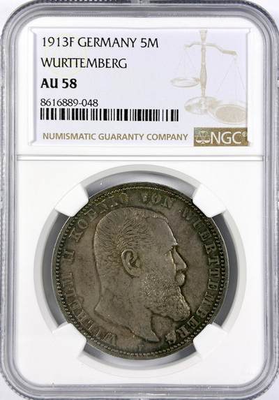 【雨安】【直播拍卖】【世界币章117期-评级币】2025-11-29 周六 19:30 保真 - [评级德国] Germany 德国 帝国 符腾堡 5马克 威廉二世 1913年  NGC-AU58