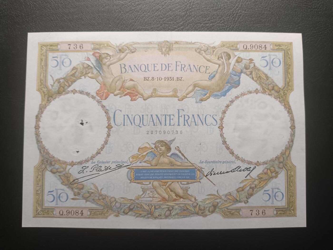 2025十一月第七期，总205期 法国1931年50法郎AUNC有大针孔，小天使和农妇与工匠，少见早期品种