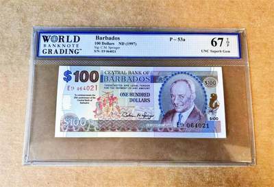 【Blue Auction】世界纸币精拍第756期——18级TOP拍卖/信誉/品质/专业/高效💫 - 【p53a】巴巴多斯1997 年100元 正面为首任总理格兰特利·亚当斯爵士 背面为特拉法尔加广场（根据伦敦同名地标而建）议会大厦 央行成立25周年纪念钞 WBG67EPQ严评高分（仅14枚记录 2年多前66分曾拍出2640美元）