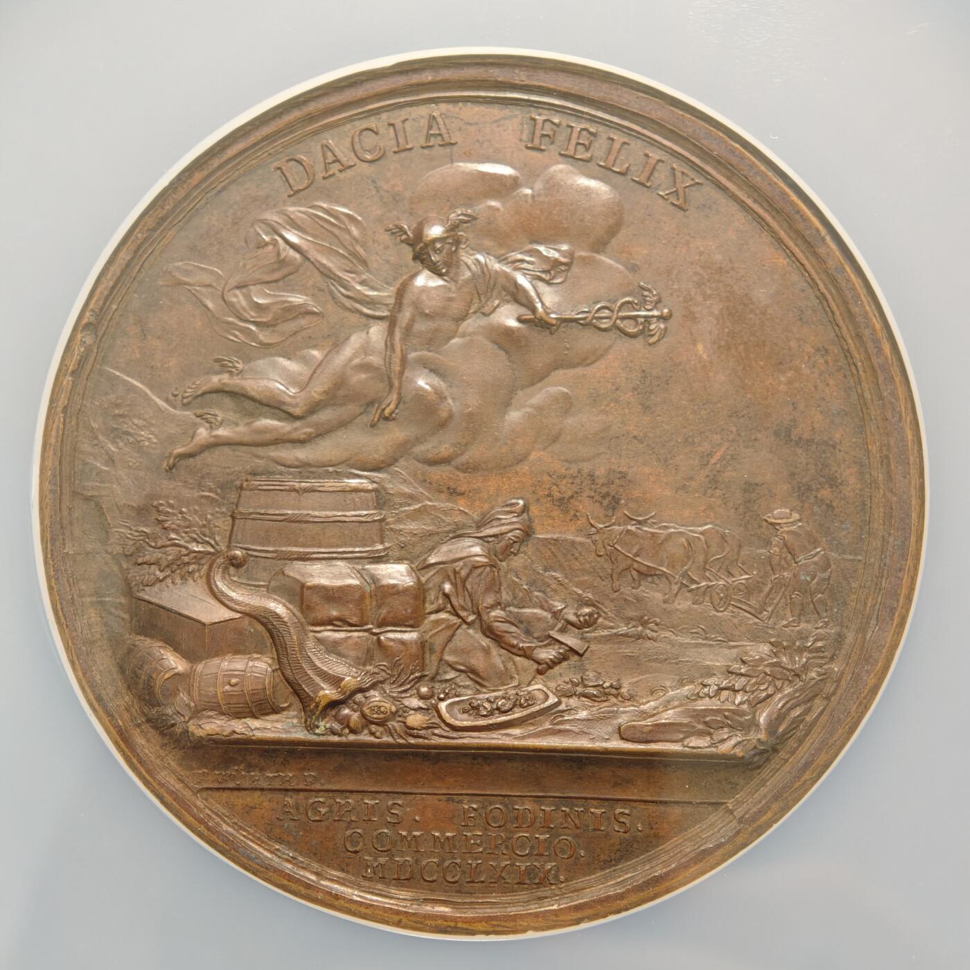 【德藏】世界币章拍卖第155期（拍品征集中~欢迎藏友联系） 1769年 匈牙利改善特兰西瓦尼亚的农业、采矿和贸易57mm纪念高浮雕大铜章 NGC MS61BN 包浆温润 人物刻画传神