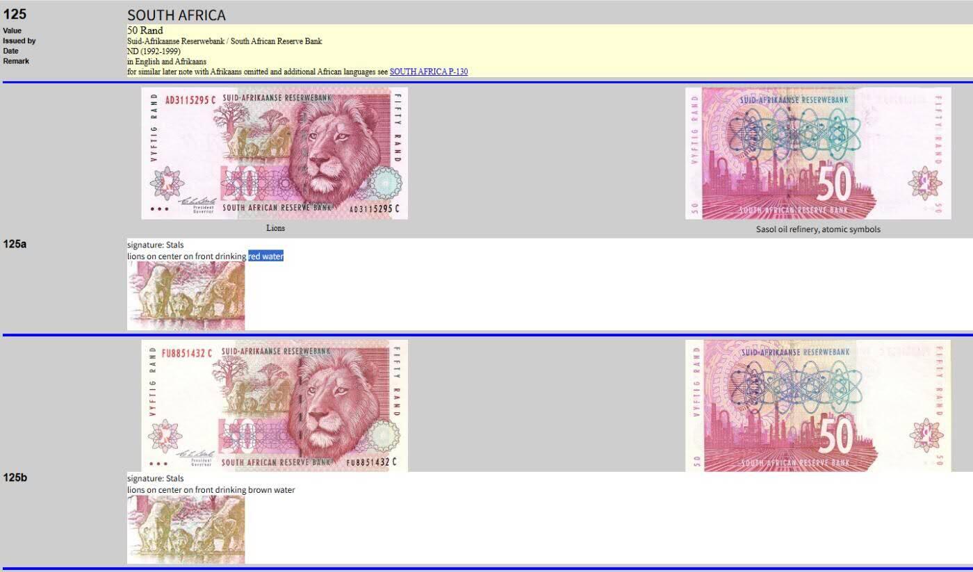 《艾美收藏》第222期-11.30周日外币畅拍 南非1992年初版首发年50兰特PMG67E亚军分少见百位583号 PMG错标版，该为Pick#125a初版红水狮子Red Water