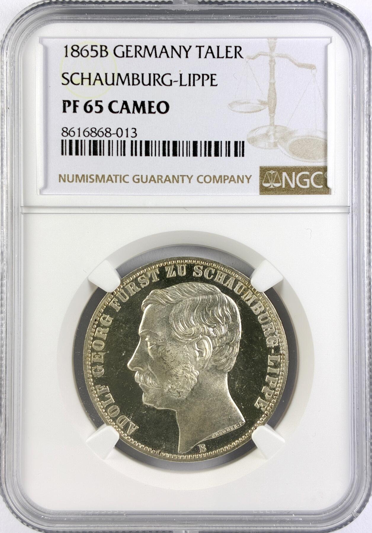 【雨安】【直播拍卖】【世界币章117期-评级币】2025-11-29 周六 19:30 保真 [评级德国] Germany 德国 德意志 绍姆堡-利珀 1泰勒 1865年 NGC-PF65Cameo 顶级罕见的精制版高分