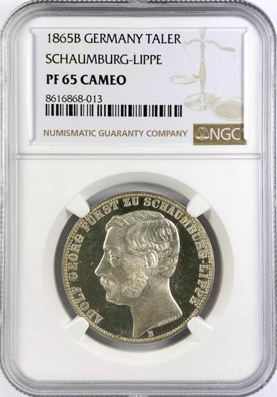 【雨安】【直播拍卖】【世界币章117期-评级币】2025-11-29 周六 19:30 保真 - [评级德国] Germany 德国 德意志 绍姆堡-利珀 1泰勒 1865年 NGC-PF65Cameo 顶级罕见的精制版高分