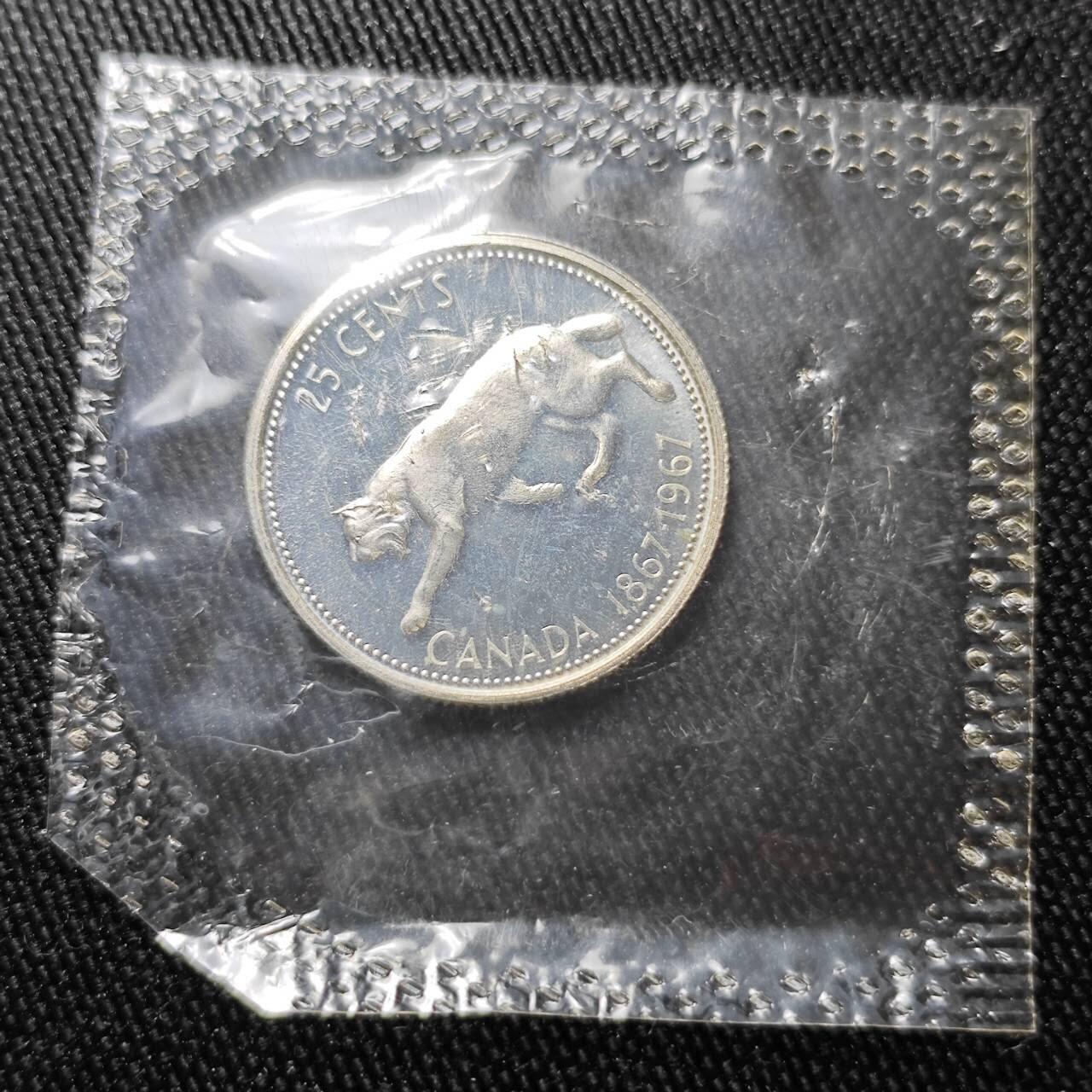 KK钱币收藏小铺 （套币 好品/批量散币 银币）专场  2月预留时间 周末发货   1967加拿大建国200周年 25分精制纪念币 塑封银币