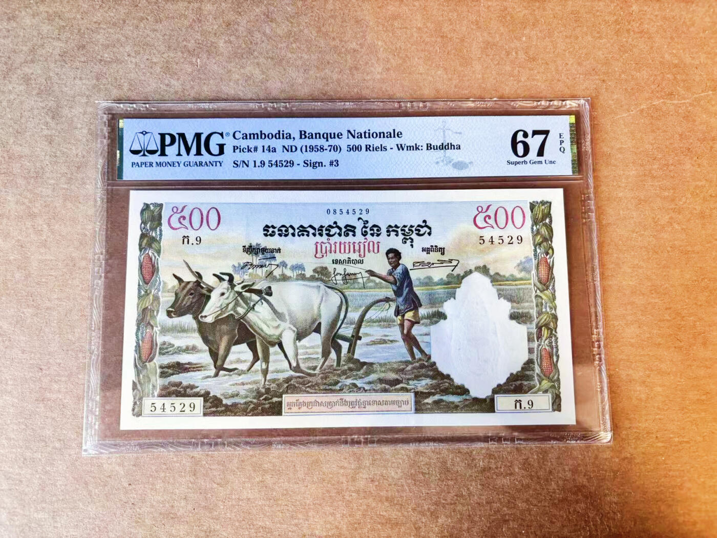 【Blue Auction】世界纸币精拍第756期——18级TOP拍卖/信誉/品质/专业/高效💫  【a版少见 亚军分】柬埔寨 1958-70年500瑞尔 经典耕牛 大票幅 法属风 PMG67EPQ高分