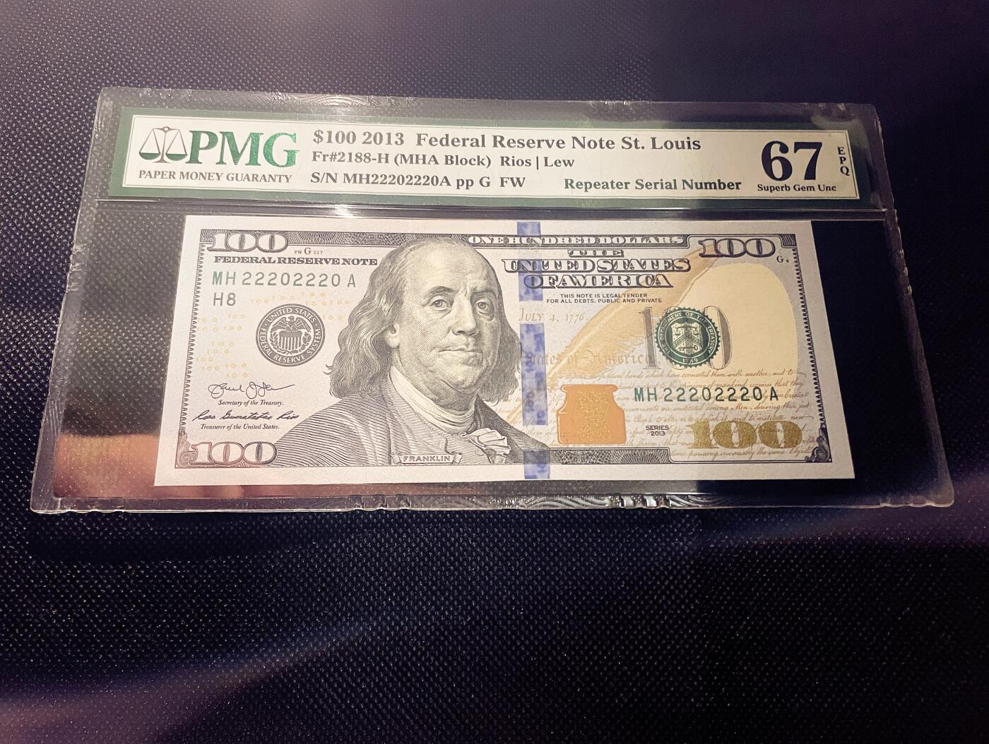 PMG67EPQ美国纸币 数二 重复号 美国2013年100美元 圣路易斯版