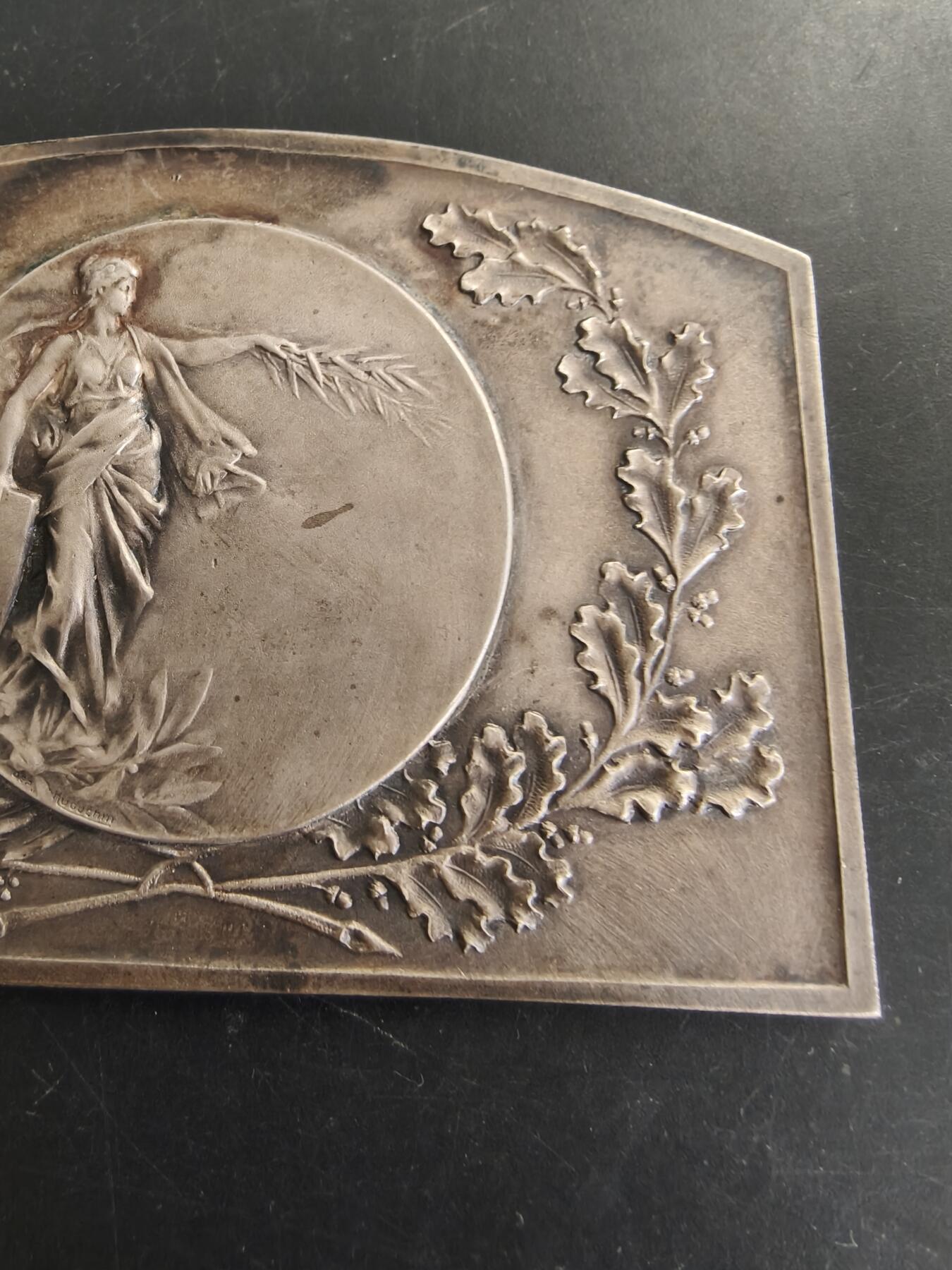 老王徽章第166期 法国新艺术玛丽安娜方形镀银大铜章     原盒     尺寸80×58mm.    重量106.2g