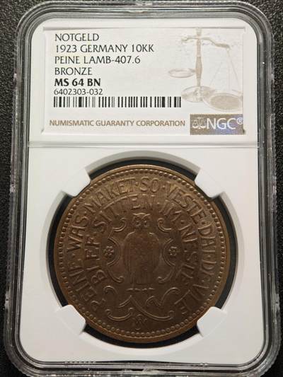 【德藏】世界币章拍卖第155期（拍品征集中~欢迎藏友联系） - 德紧热门经典品种！1923年 德国紧急时期派内10000Kippe猫头鹰大铜币 NGC MS64BN 状态极佳