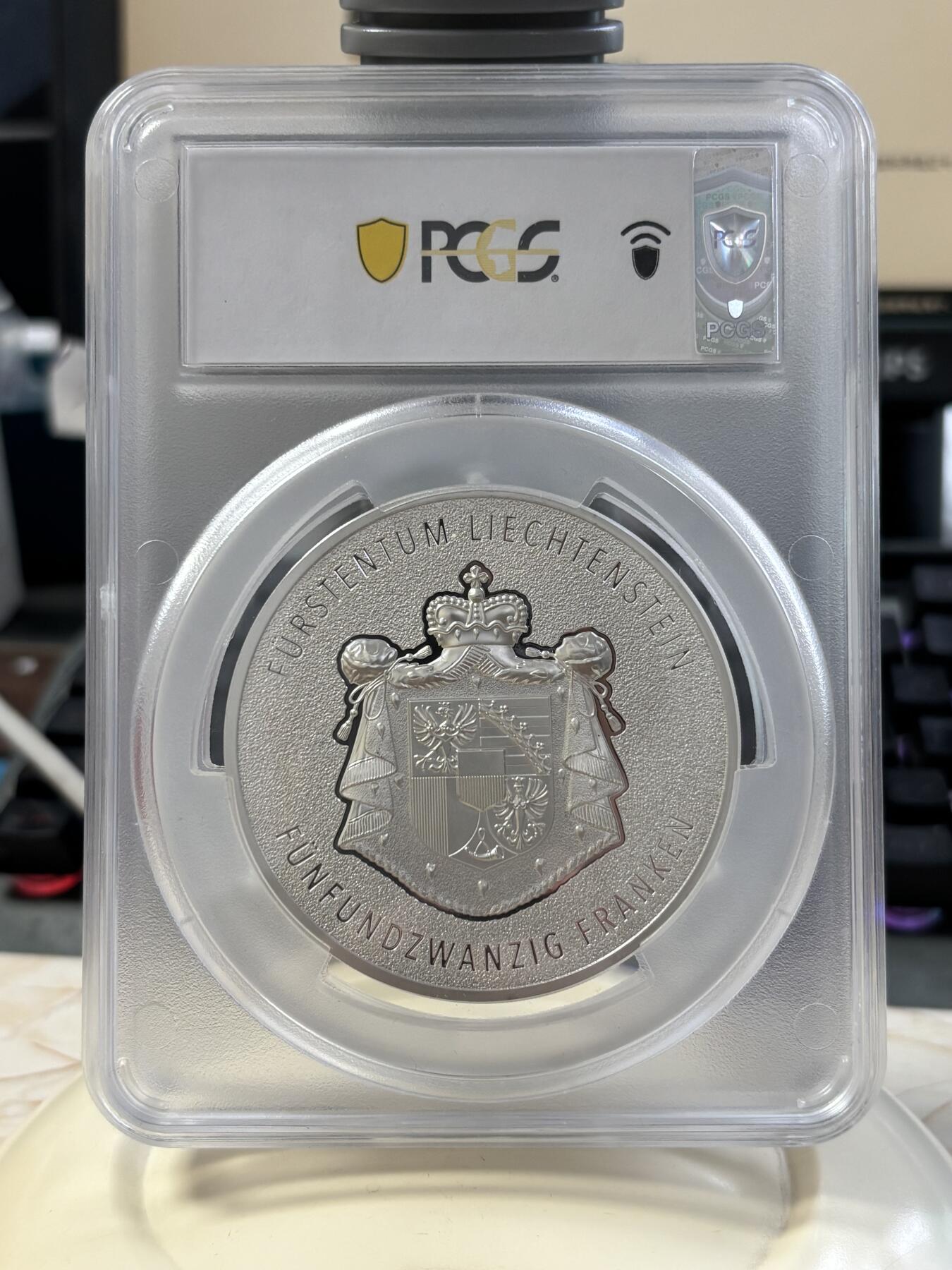 第183期拍卖 列支敦士登2024年莱茵河谷100年瑞士法郎5盎司纪念银币PCGS-SP70无盒无证书，9999银，发行500枚