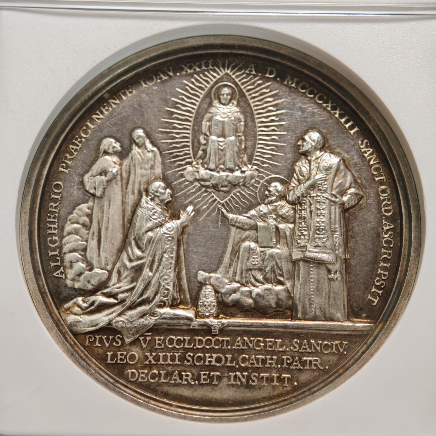 【德藏】世界币章拍卖第155期（拍品征集中~欢迎藏友联系） 1923年 梵蒂冈庇护十一世圣托马斯·阿奎那封圣高浮雕纪念银章 NGC UNC 人物刻画极其细致 立体感十足