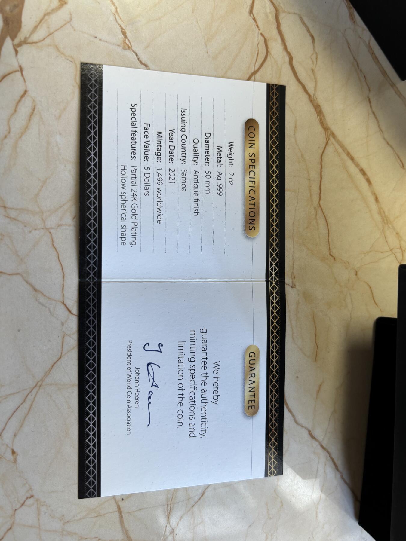 第183期拍卖 萨摩亚2021年地狱与天堂2盎司镂空镀金纪念银币，999银镀金，2盎司，发行1499枚