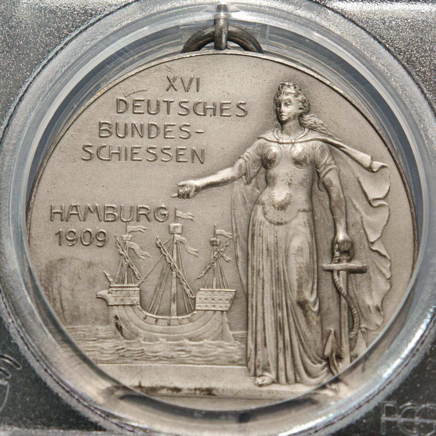 【德藏】世界币章拍卖第155期（拍品征集中~欢迎藏友联系） 1909年 德国汉堡射击节纪念银章 PCGS MS64 原铸吊环 细节极其丰富